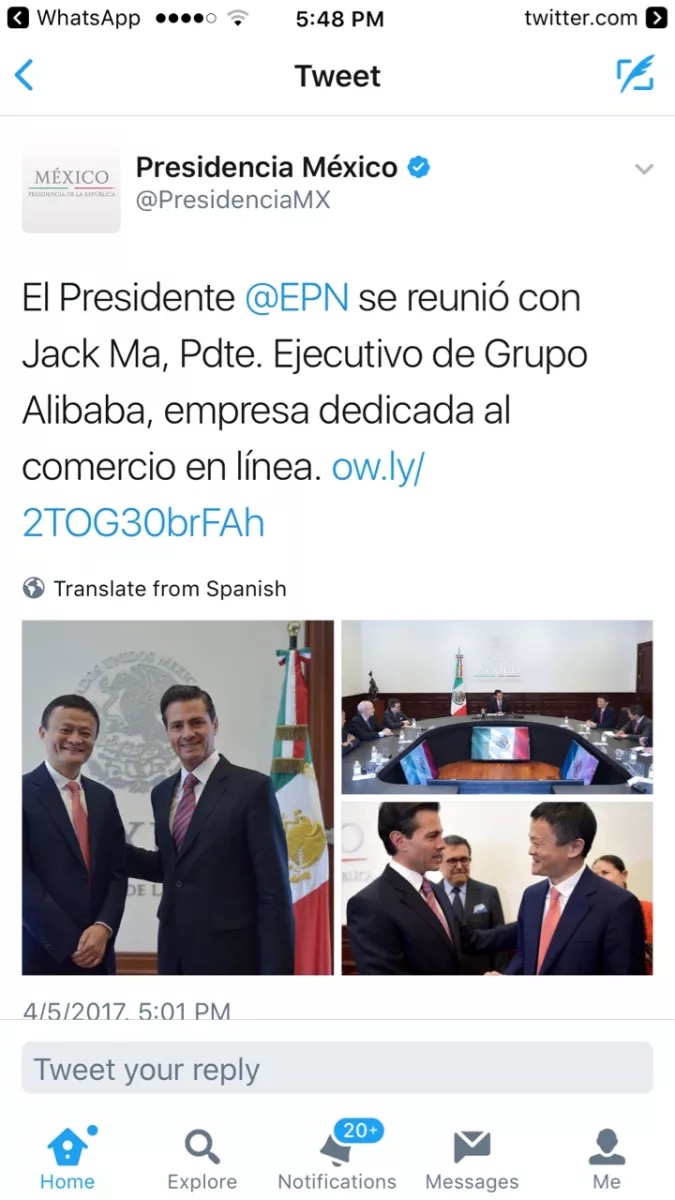 長談結束後，墨西哥總統府發佈Twitter︰「總統會見了馬雲和阿里巴巴集團高管，阿里巴巴是一家致力於發展電子商務的公司。」